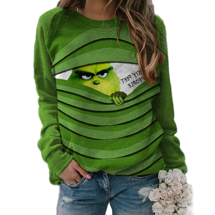 Autumn Women's Funny Movie Green Grinch Print Christmas Long Sleeve T-Shirt Top Casual Loose Pullover Woman Tshirts