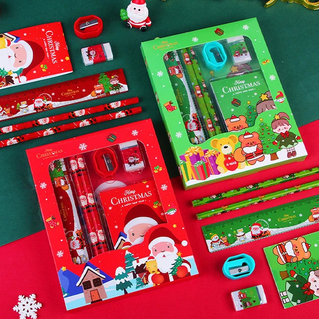 6Pcs Christmas Stationery Set Pencil Sharpener Eraser Ruler Set