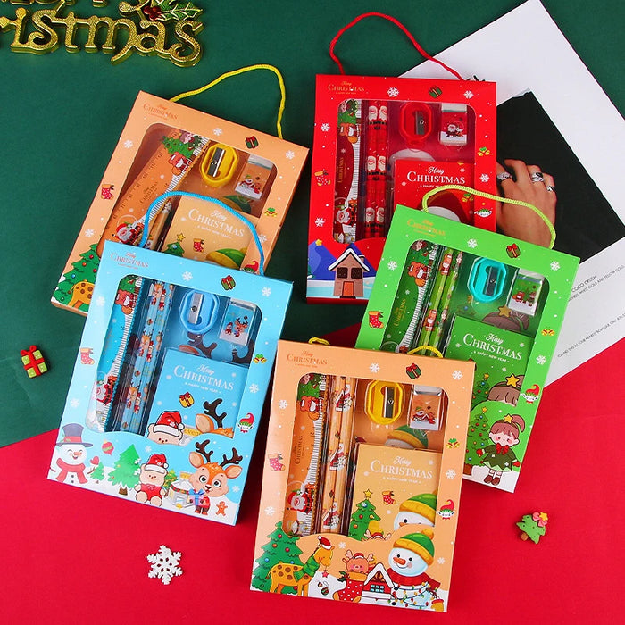 6Pcs Christmas Stationery Set Pencil Sharpener Eraser Ruler Set