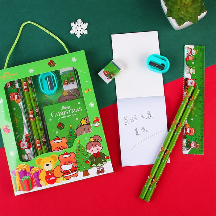 6Pcs Christmas Stationery Set Pencil Sharpener Eraser Ruler Set