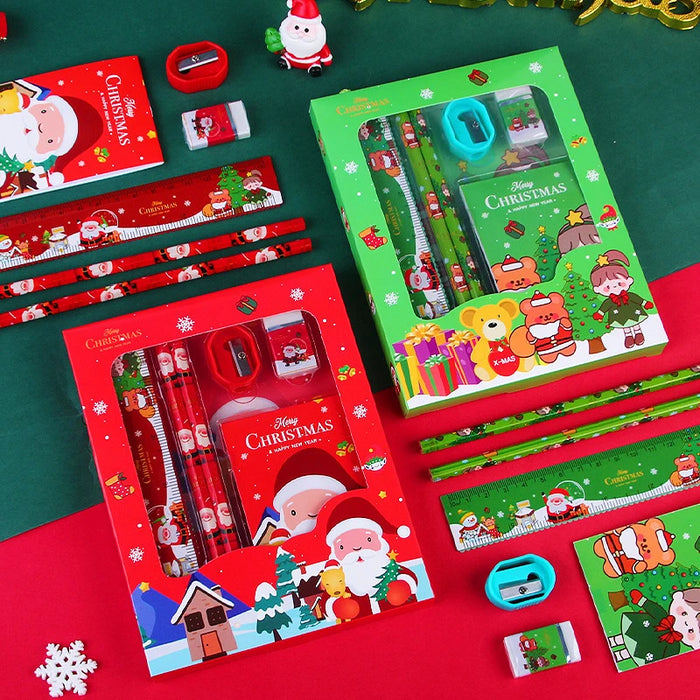 6Pcs Christmas Stationery Set Pencil Sharpener Eraser Ruler Set