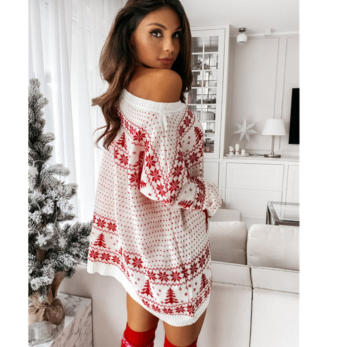 Ladies Christmas Jacquard Loose-fitting Knitted Long-sleeved Dress