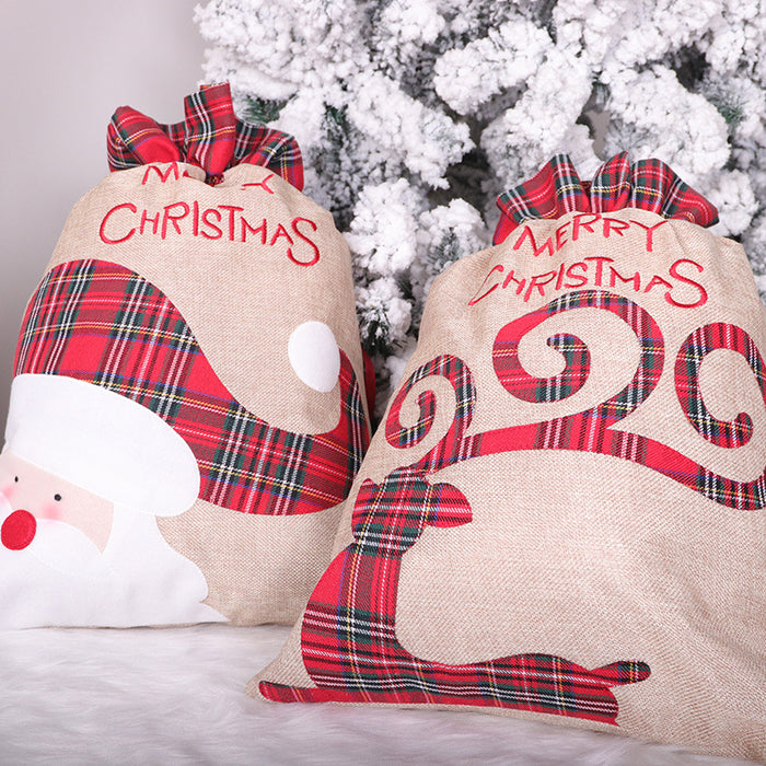 Santa Claus Little Deer Christmas Linen Gift Bag Drawstring Ribbon Candy Bag Christmas Decorative Apple Bag