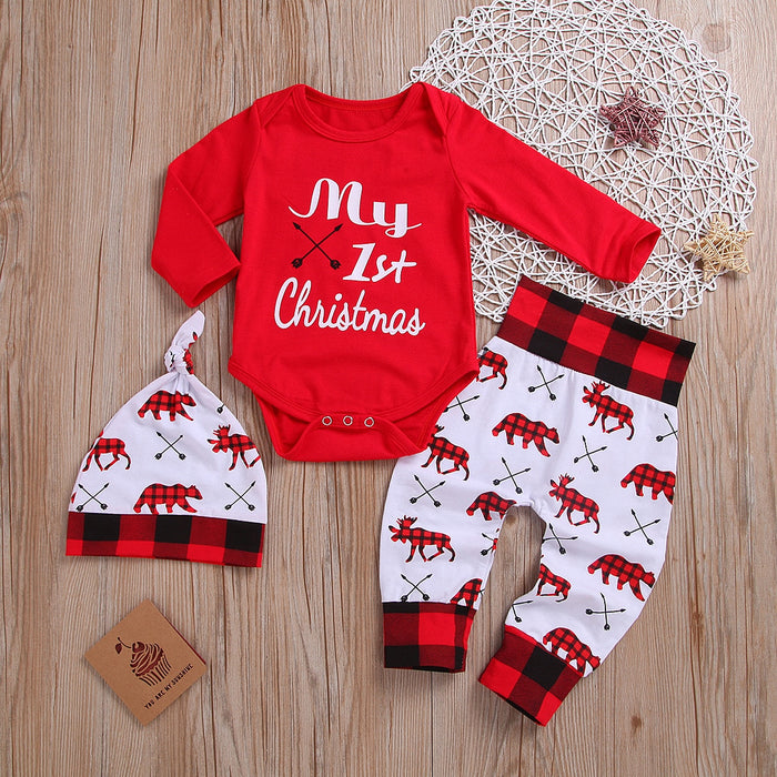 First Christmas Letter Romper Kids T-Shirts Pant Newborn Hat Outfits Girl Xmas Set Autumn Clothing 2PCS Sets