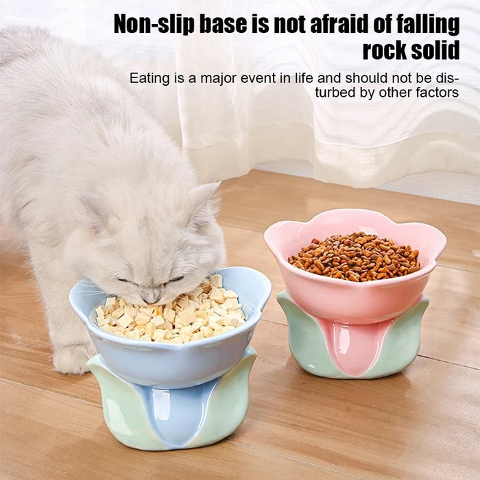 Cat Flower Bowl Raised Ceramic Pet Drinking Eating Feeders Small Dogs Elevated Non-slip