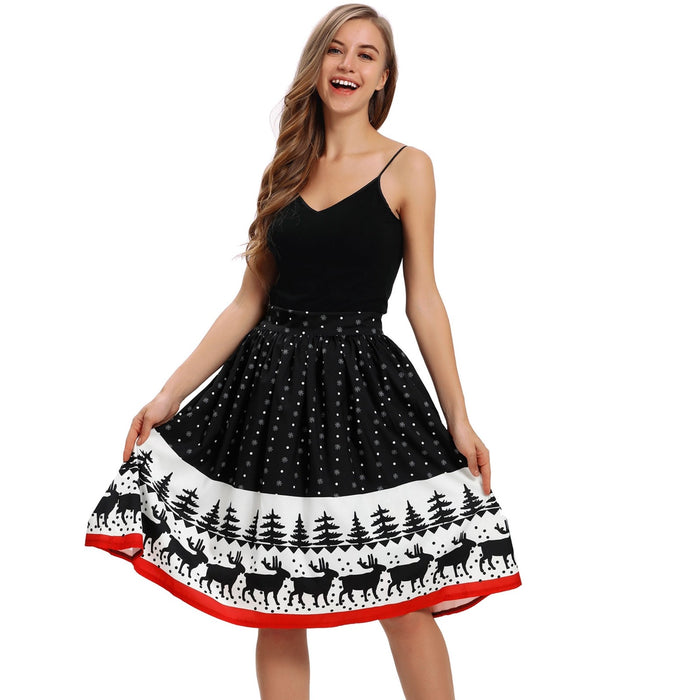 Christmas print knee-length skirt stretch high waist wild Christmas party sexy skirt