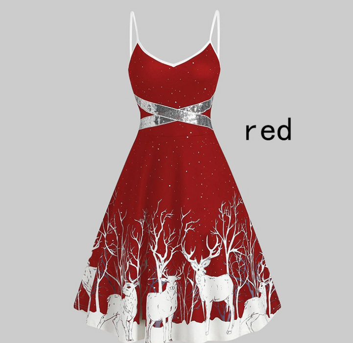 Women's Christmas white deer dress with  A-line tie