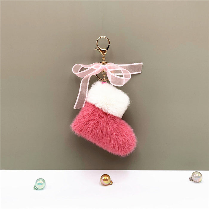 Christmas Boots Key Chain Cute Bow Bag Pendant Cartoon Plush Car Key Chain Ring Gift Accessories