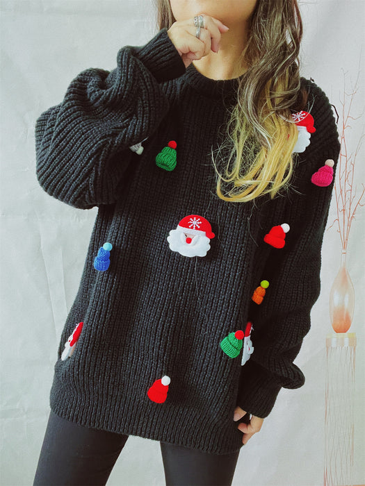 Women's Cute santa Claus Three-dimensional Decoration Round Neck Long Sleeve Sweater