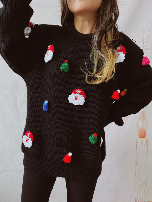 Women's Cute santa Claus Three-dimensional Decoration Round Neck Long Sleeve Sweater