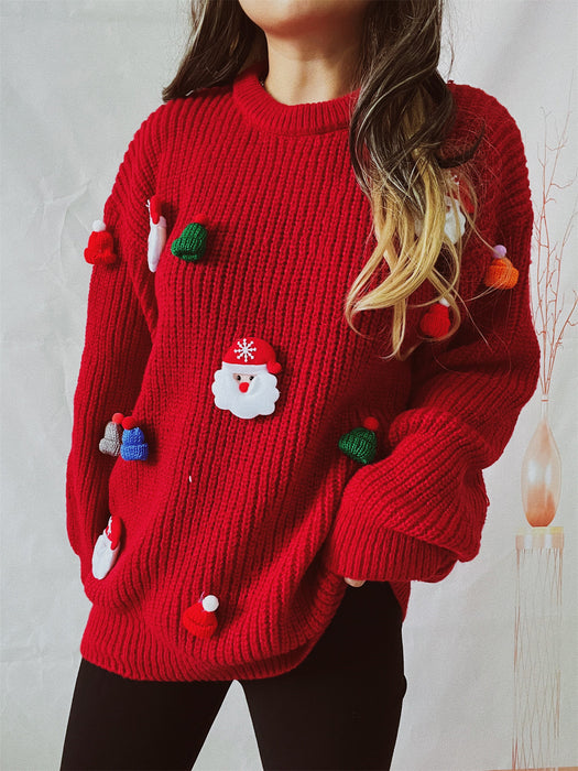 Women's Cute santa Claus Three-dimensional Decoration Round Neck Long Sleeve Sweater