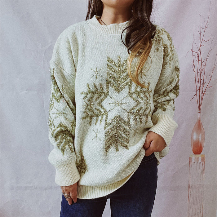 Women's  Loose Gold Line Large Snowflake Christmas Sweater