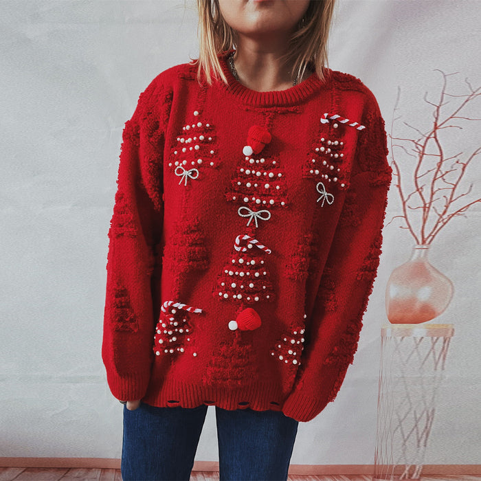 Women's Handmade Pearl Christmas Theme Sweater