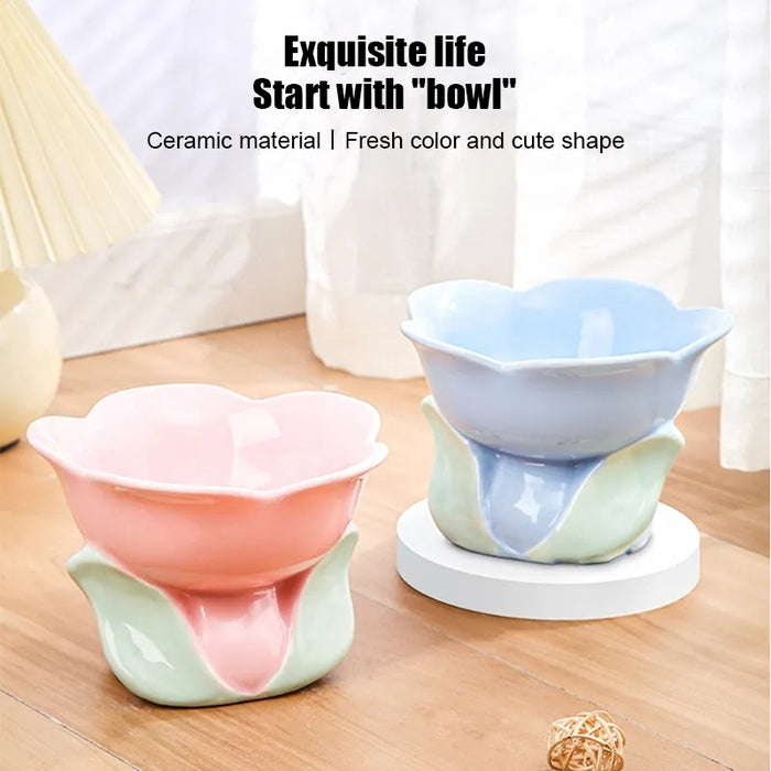 Cat Flower Bowl Raised Ceramic Pet Drinking Eating Feeders Small Dogs Elevated Non-slip