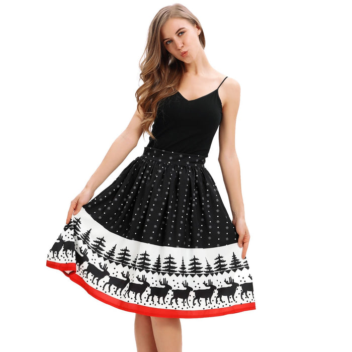 Christmas print knee-length skirt stretch high waist wild Christmas party sexy skirt