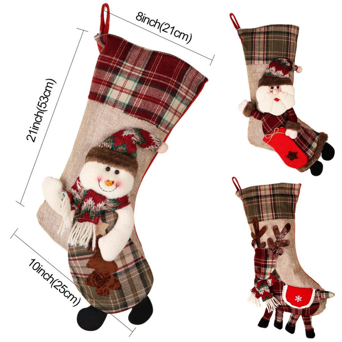 Warm Large Christmas Stocking Santa Claus Sock Plaid Burlap Gift Holder Christmas Tree Decoration New Year Gift Candy Bags