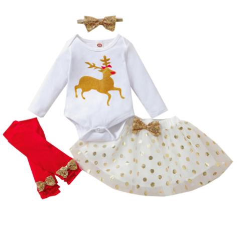 Lioraitiin 0-18M Newborn Infant Baby Girl 4Pcs Christmas Outfits Reindeer Long Sleeves Romper Tutu Skirt Leg Warmer Headband