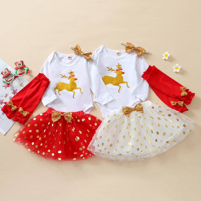 Lioraitiin 0-18M Newborn Infant Baby Girl 4Pcs Christmas Outfits Reindeer Long Sleeves Romper Tutu Skirt Leg Warmer Headband