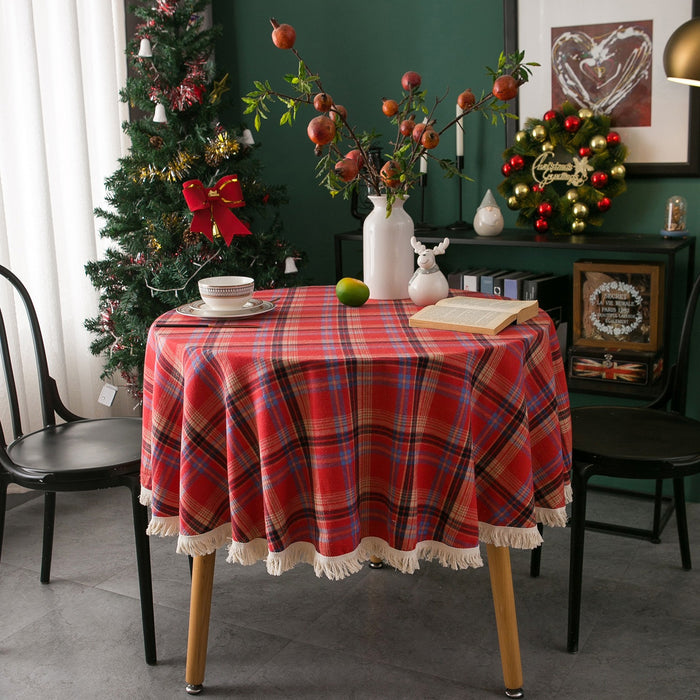 Gerring Christmas Coffee Table Cover Yarn Dyed Plaid Holiday Wedding Deco Tablecloth American Round Tassel Table Cloth For Party