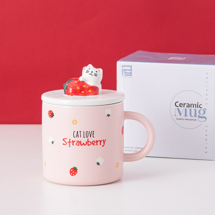 Creative Cartoon Ceramic Mug With Lid Cute Strawberry Mug Christmas Gift Mug Cup