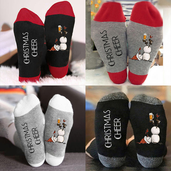 Christmas Sock Color Blocking Sub Letter Medium Tube Sock Trend Snowman Printed Sock