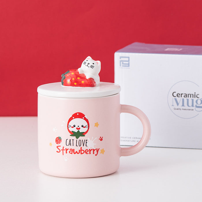 Creative Cartoon Ceramic Mug With Lid Cute Strawberry Mug Christmas Gift Mug Cup