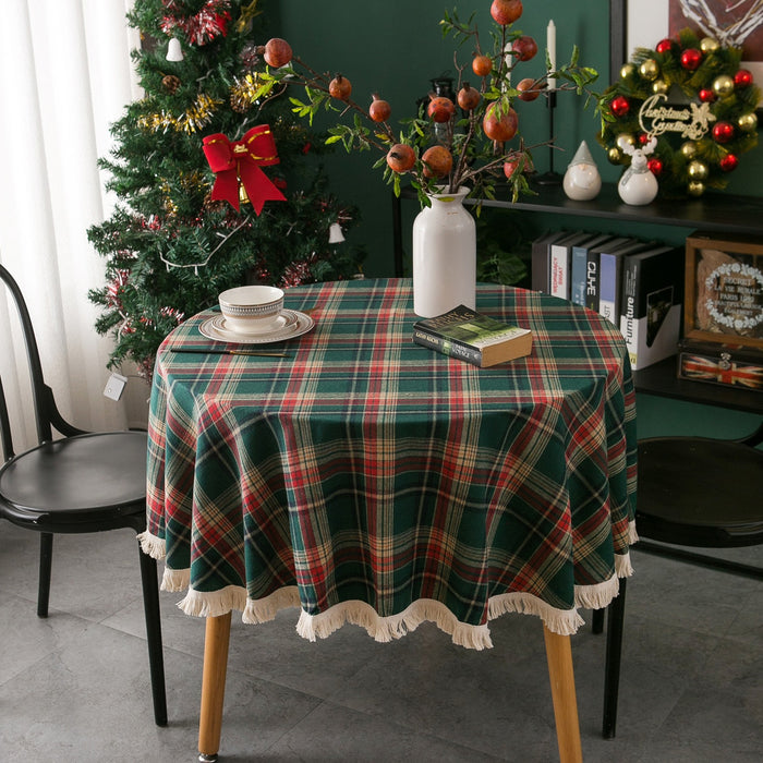 Gerring Christmas Coffee Table Cover Yarn Dyed Plaid Holiday Wedding Deco Tablecloth American Round Tassel Table Cloth For Party