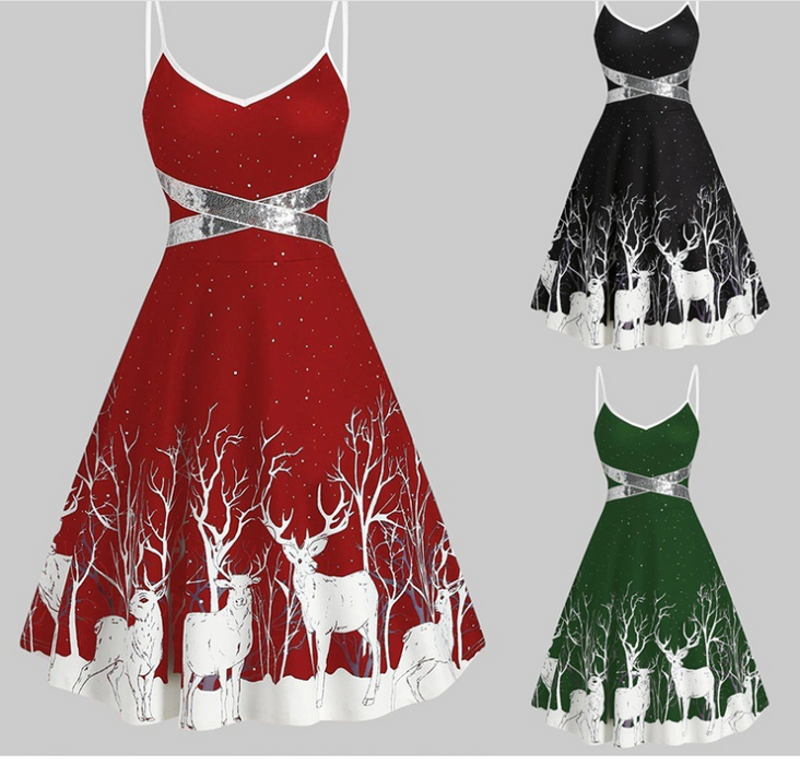 Women's Christmas white deer dress with  A-line tie