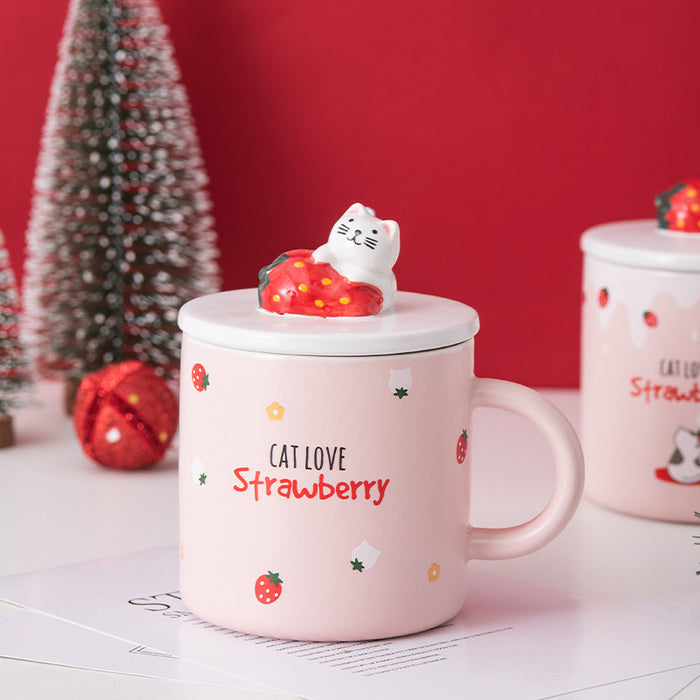 Creative Cartoon Ceramic Mug With Lid Cute Strawberry Mug Christmas Gift Mug Cup