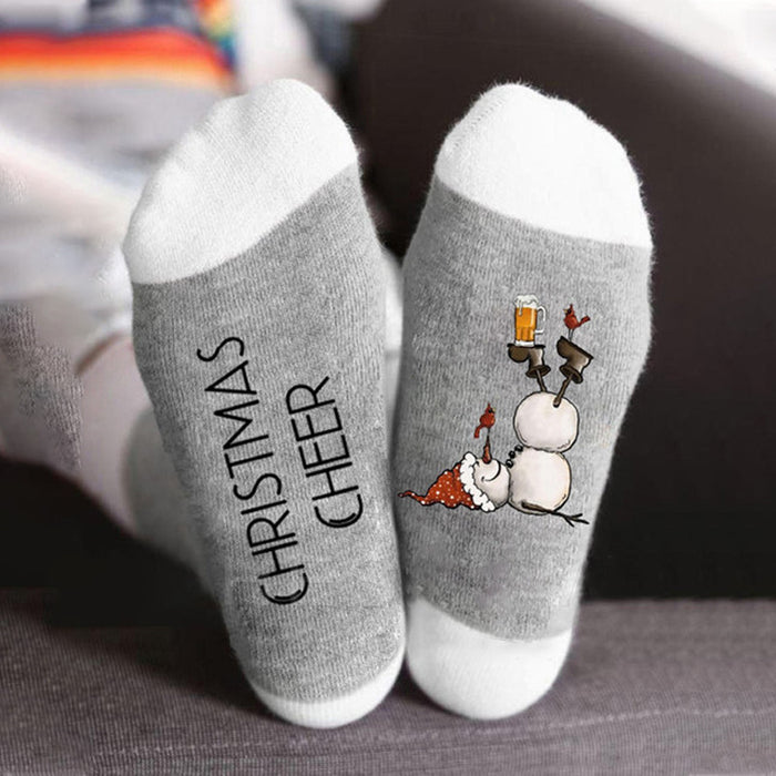 Christmas Sock Color Blocking Sub Letter Medium Tube Sock Trend Snowman Printed Sock