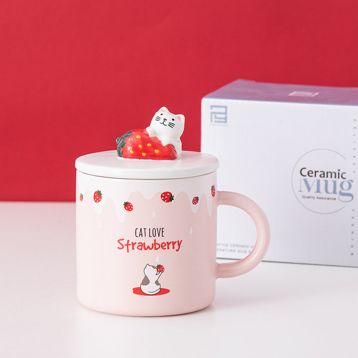 Creative Cartoon Ceramic Mug With Lid Cute Strawberry Mug Christmas Gift Mug Cup