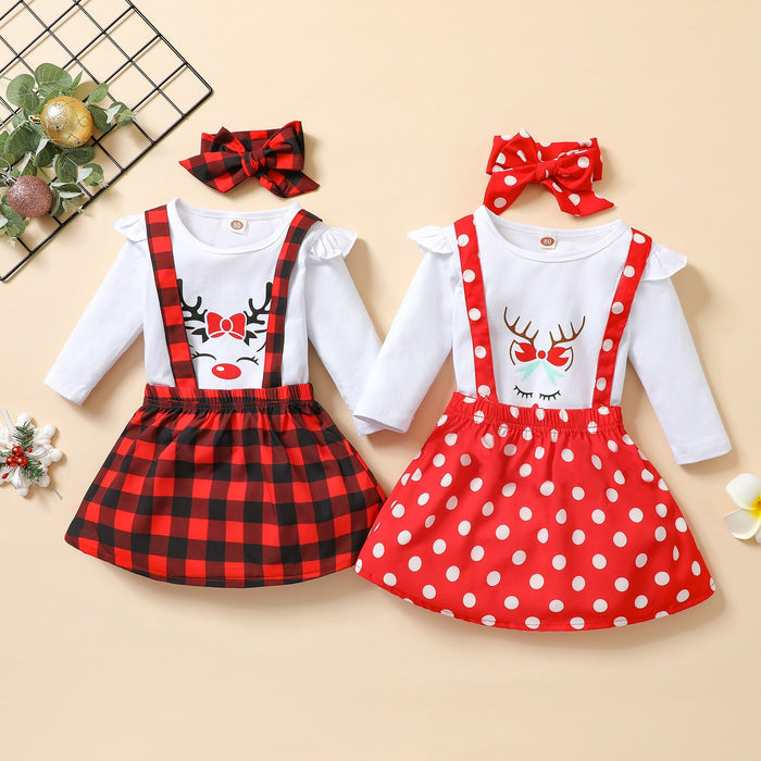 3Pcs Christmas Little Girls Outfit, Creative Elk Printing Long Sleeve Round Collar Tops + Dot/Plaid Suspender Skirt + Headwear