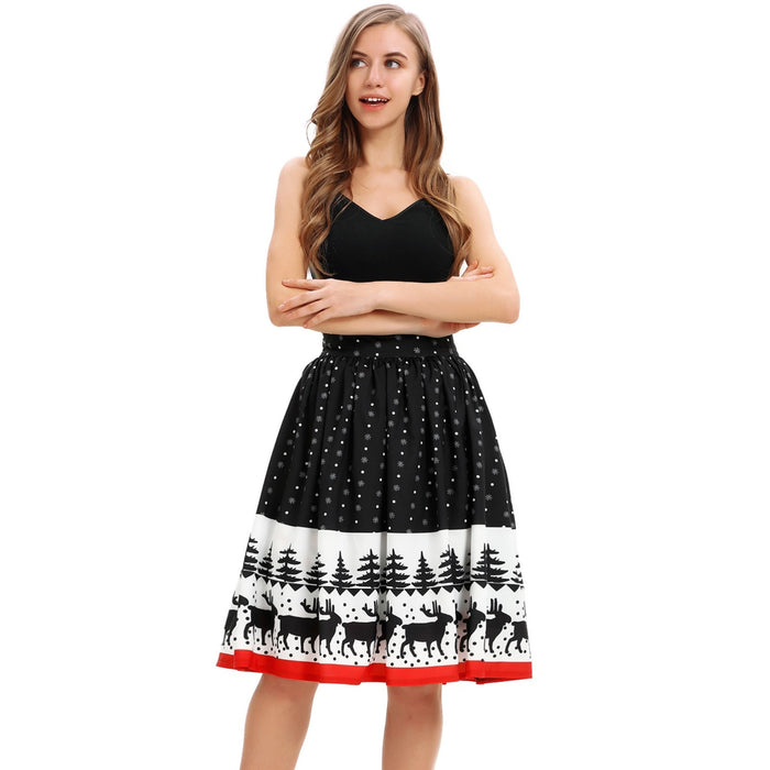 Christmas print knee-length skirt stretch high waist wild Christmas party sexy skirt