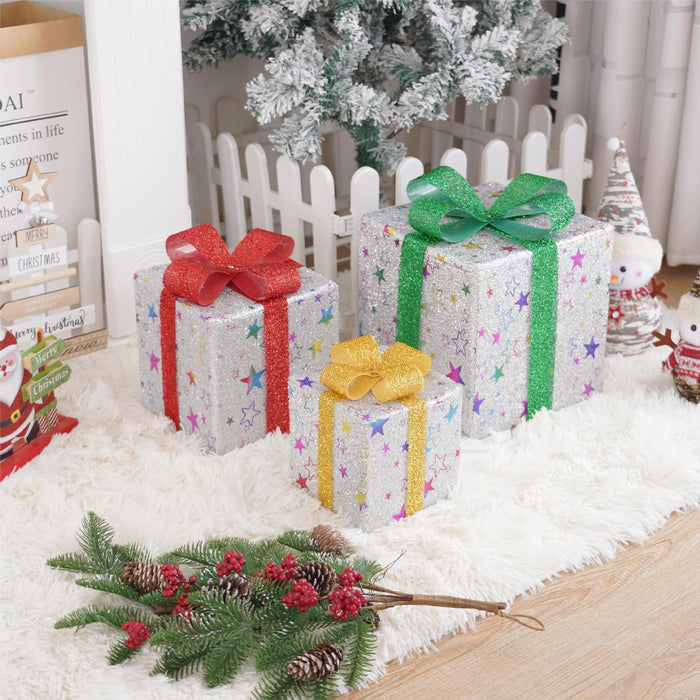 New Christmas Gift Box Set of 3 Coloured Lights Glowing Gift Boxes