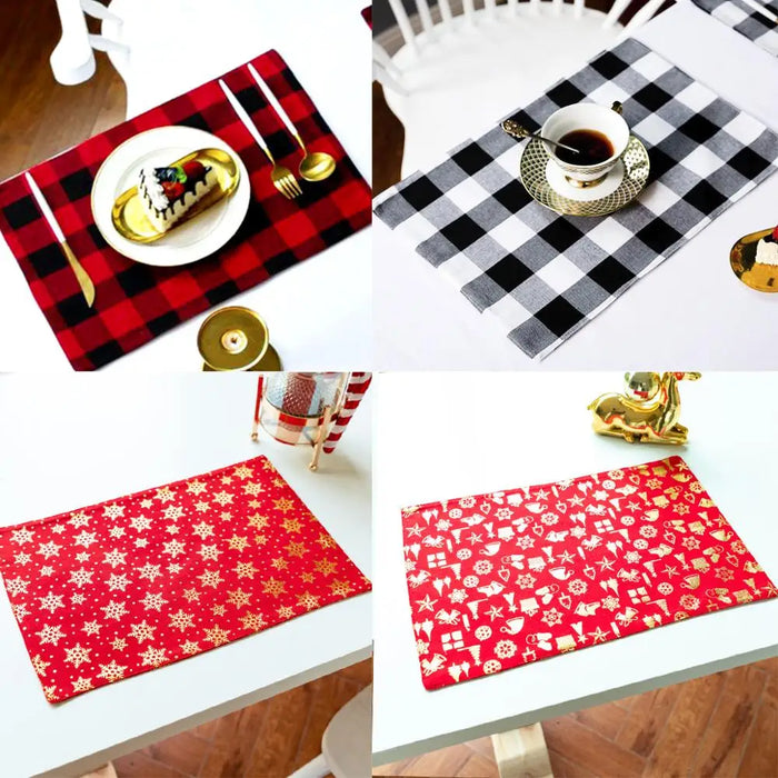 Christmas Printing Checked Waterproof Polyester Linen Table Mat