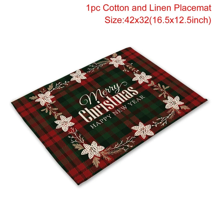 Christmas Printing Checked Waterproof Polyester Linen Table Mat