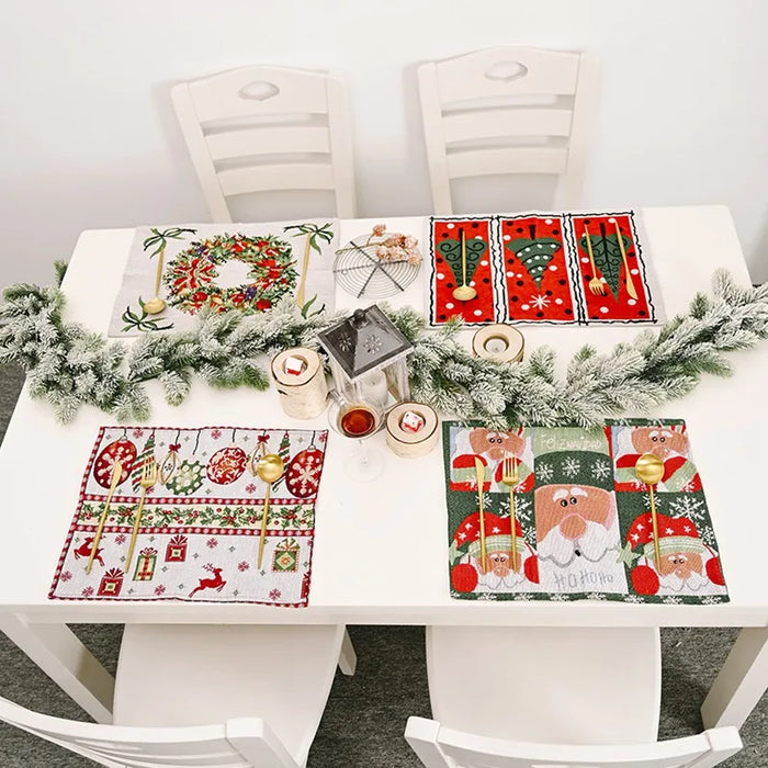 Christmas Printing Checked Waterproof Polyester Linen Table Mat