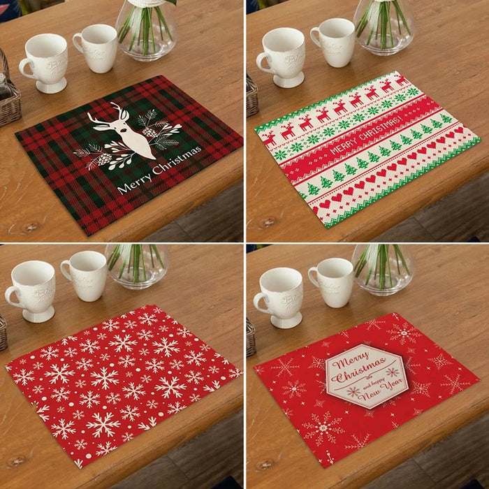 Christmas Printing Checked Waterproof Polyester Linen Table Mat