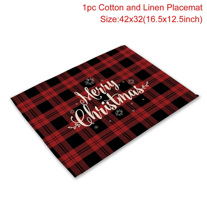 Christmas Printing Checked Waterproof Polyester Linen Table Mat