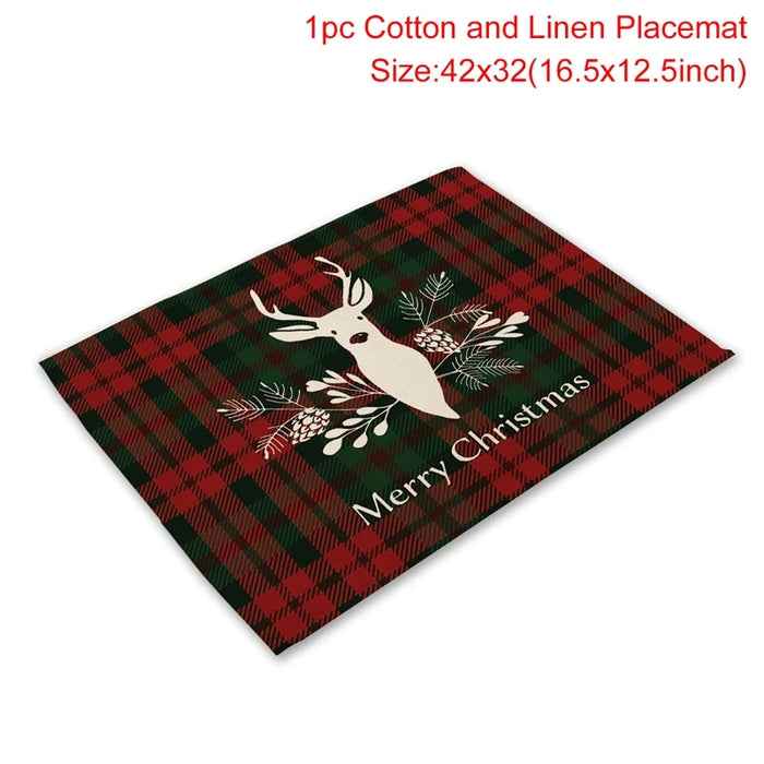 Christmas Printing Checked Waterproof Polyester Linen Table Mat