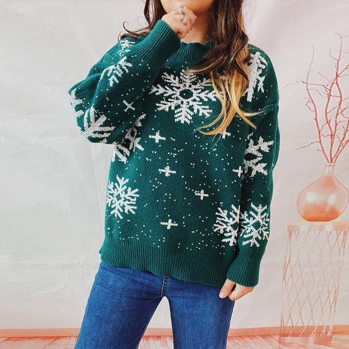 Women's Christmas Snowflake Round Neck Long Sleeve Knitted Sweater