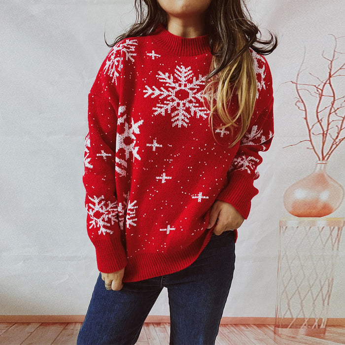 Women's Christmas Snowflake Round Neck Long Sleeve Knitted Sweater