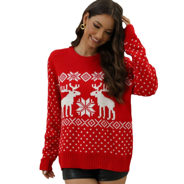 Christmas Loose Snowflake Elk Long Sleeve Pullover Sweater