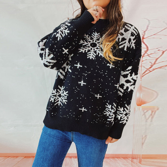 Women's Christmas Snowflake Round Neck Long Sleeve Knitted Sweater