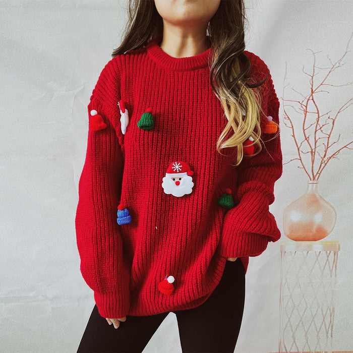 Women's Cute santa Claus Three-dimensional Decoration Round Neck Long Sleeve Sweater