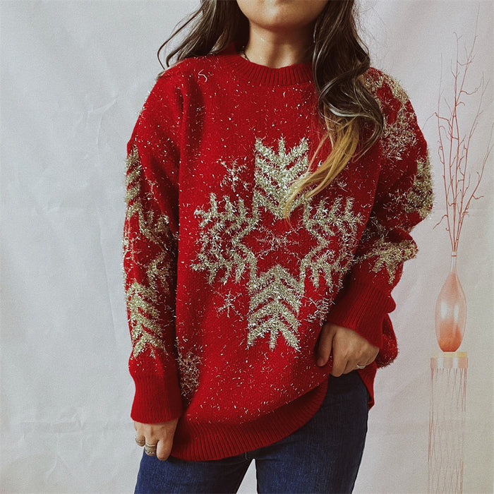 Women's  Loose Gold Line Large Snowflake Christmas Sweater