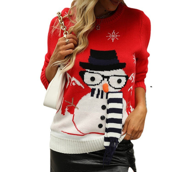 Women's Round Neck Pullover Snowman Splicing Sweater