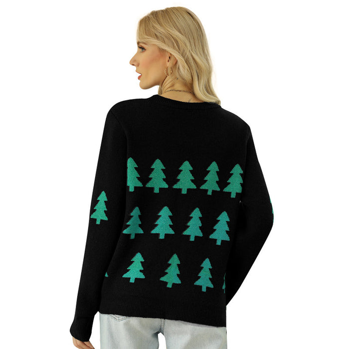 Women's Jacquard Christmas Tree Long Sleeve Red Christmas Sweater