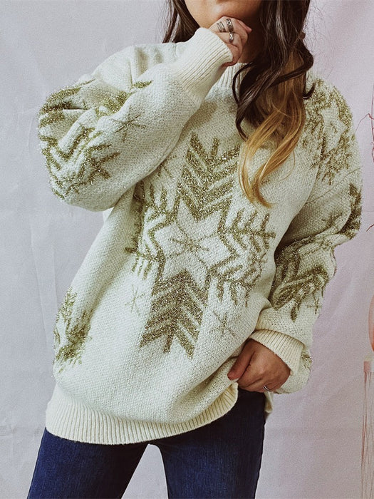 Women's  Loose Gold Line Large Snowflake Christmas Sweater