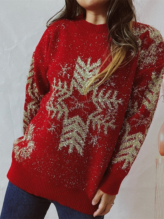 Women's  Loose Gold Line Large Snowflake Christmas Sweater